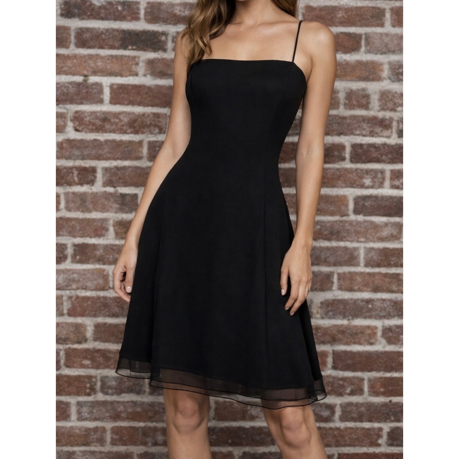 Ann Taylor Petites Black A-Line Cocktail Dress Mesh Hem Spaghetti Strap Size 8p
